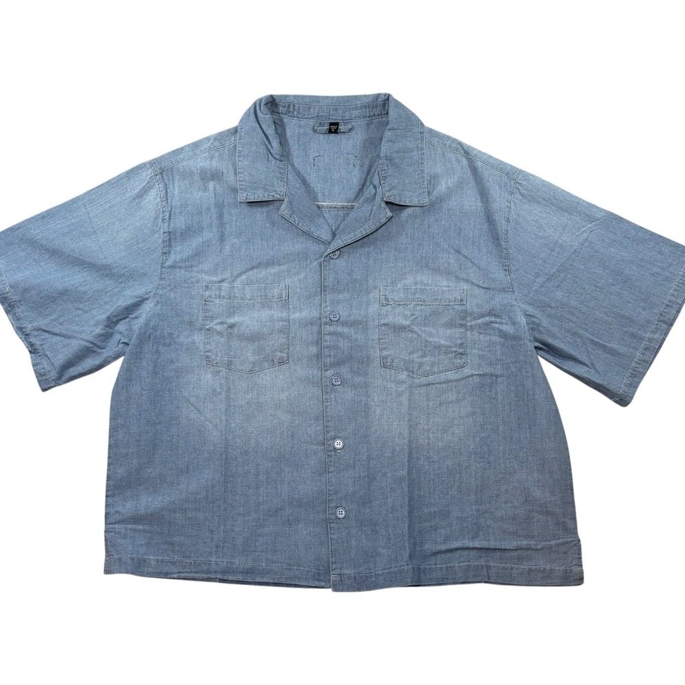 Ananke Shirt Men XL Light Blue Denim Short Sleeve Boxy Fit Camp Collar Button Up